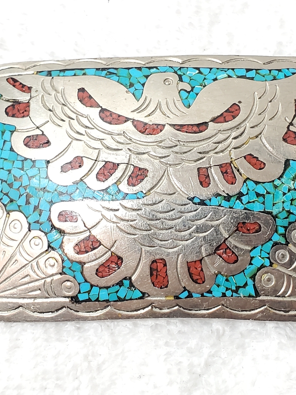 Southwestern Native American Turquoise Coral Chip Inlay Thunderbird Belt Buckle